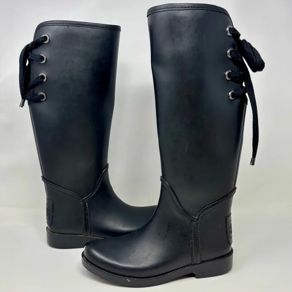 Coach Tristee Signature Matte Black Waterproof Lace Up Lined Rain Boots Classic